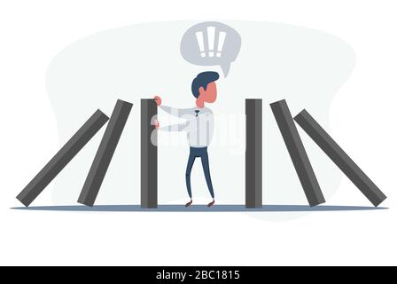Businessman stopping falling domino vector concept. Symbol of crisis, risk, management, leadership and determination. Stock Vector