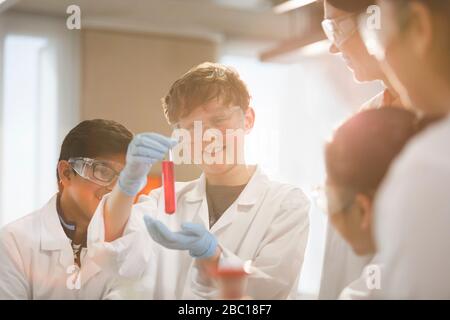 Students examining liquid in test tube, conducting scientific experiment in laboratory classroom Stock Photo