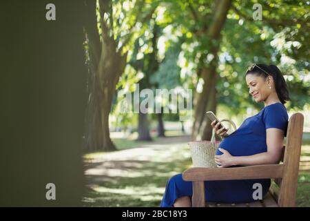 Smiling pregnant woman texting with cell phone on park bench Stock Photo