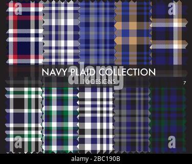 Navy Plaid, checkered, tartan seamless pattern collection includes 10 designs suitable for fashion textiles and graphics Stock Vector