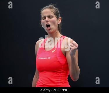 German tennis player Julia Goerges making a fist and cheering during women's singles match in Australian Open 2020 Tennis Tournament, Melbourne Park, Stock Photo