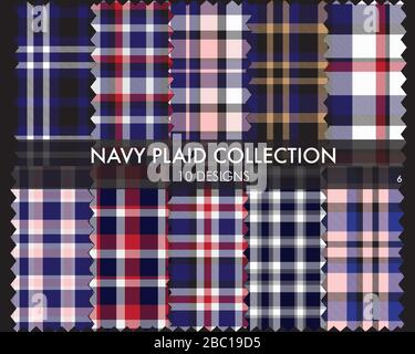 Navy Plaid, checkered, tartan seamless pattern collection includes 10 designs suitable for fashion textiles and graphics Stock Vector