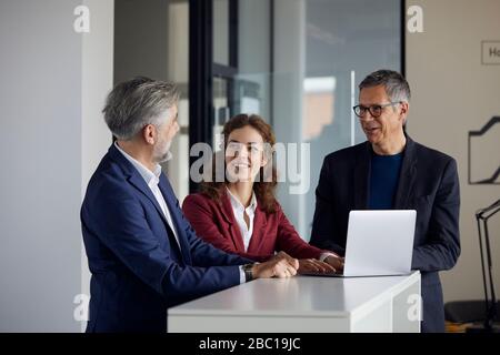 Two businessmen and businesswoman working together on laptop in office Stock Photo