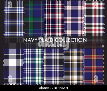 Navy Plaid, checkered, tartan seamless pattern collection includes 10 designs suitable for fashion textiles and graphics Stock Vector