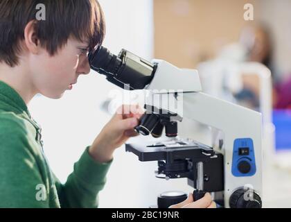 Focused boy student using microscope in classroom Stock Photo