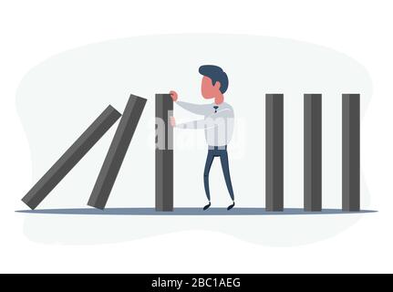 Businessman stopping falling domino vector concept. Symbol of crisis, risk, management, leadership and determination. Stock Vector