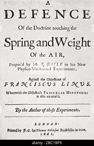 Title page of the tract appended to the second edition of the Spring and Weight of the Air, 1662, in which Boyle's law is set forth.  From Selected Readings in the History of Physiology, published 1930. Stock Photo