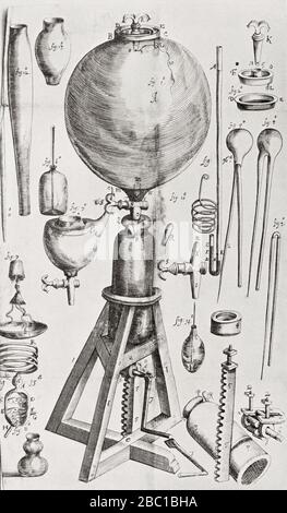 Boyle's first air pump.  Robert Boyle, 1627 – 1691.  Anglo-Irish natural philosopher, chemist, physicist, and inventor.  From Selected Readings in the History of Physiology, published 1930. Stock Photo