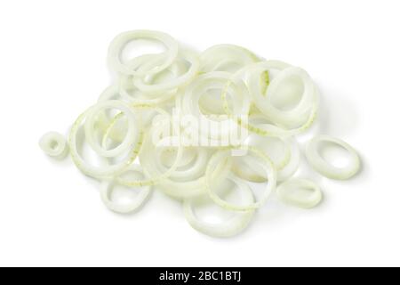Heap of fresh cut raw brown onions isolated on white background Stock Photo