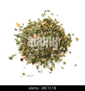 Heap of sel de Camargue mixed with dried herbs isolated on white background Stock Photo