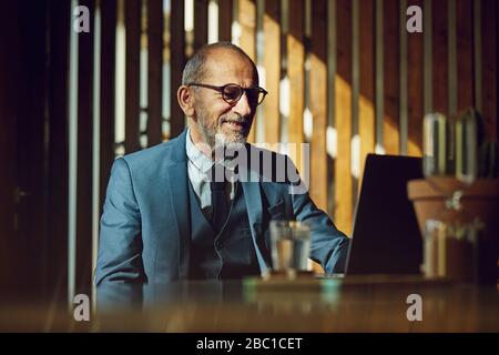 Senior businessman sitting in sustainable office, using laptop Stock Photo