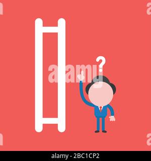 Vector illustration concept of confused businessman character and wooden ladder with missing steps. Red background. Stock Vector