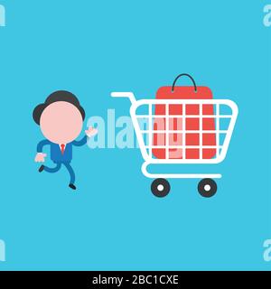 Vector illustration concept of businessman character running with shopping bag inside shopping cart. Blue background. Stock Vector