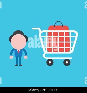 Vector illustration concept of businessman character with shopping bag inside shopping cart. Blue background. Stock Vector