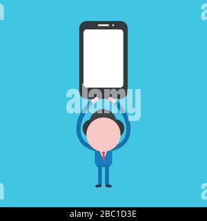 Vector illustration concept of businessman character holding up black smartphone. Blue background. Stock Vector