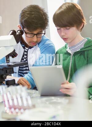 Focused boy students using digital tablet and microscope, conducting scientific experiment in laboratory classroom Stock Photo
