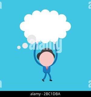 Vector illustration concept of businessman character walking and carrying blank thought bubble. Blue background. Stock Vector