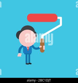 Vector illustration concept of businessman character holding paint brush roller. Blue background. Stock Vector