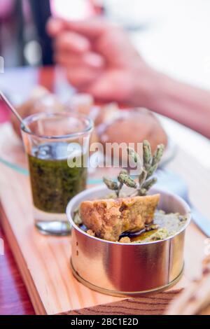 Almogrote cheese paste and Mojo Verde sauce in olive oil, traditional food of the Canary Islands, spain Stock Photo
