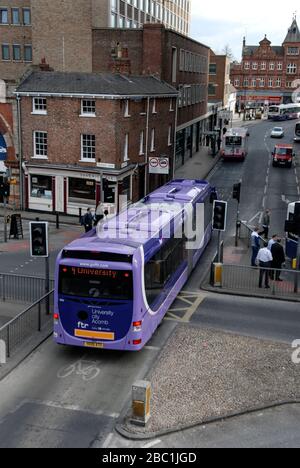 A beny bus in service in the narrow streets of York, Britain Stock Photo