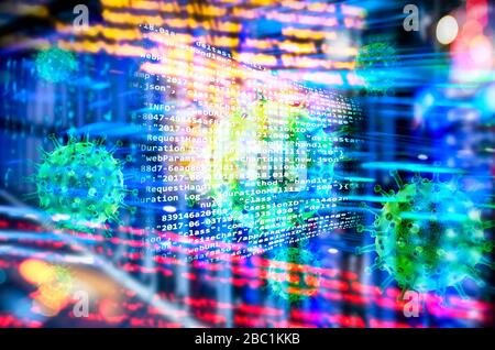 Program code with viruses, abstract technology background with server racks and many lights Stock Photo