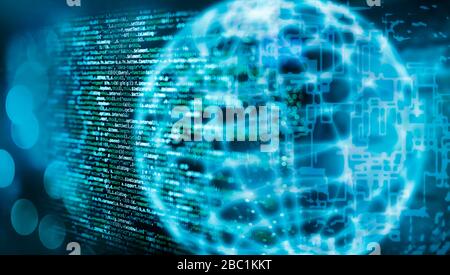 Programming code with globe and abstract technical background in blue Stock Photo