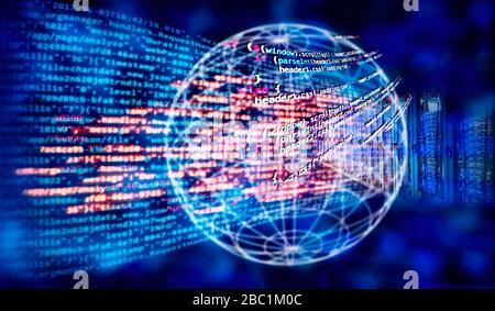 Programming code with globe, server and abstract technical background in blue Stock Photo