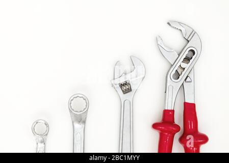 Wrench tools on white background. Technical tooling concept. Stock Photo