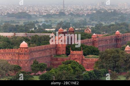 High-angle view of the Red Fort as seen from the minaret of the Jama Masjid mosque, Old Delhi, India Stock Photo