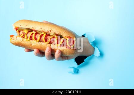 Hand holds hot dog from hole on blue background Stock Photo