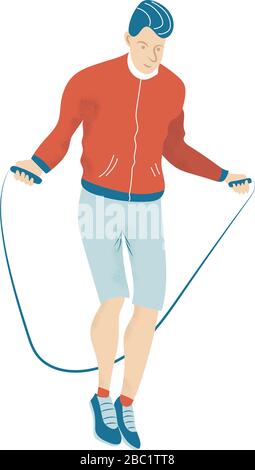 Male Character Engage Sport Activities Doing Exercises, Fitness Workout, Running, Jumping on Rope. Healthy Lifestyle Leisure. Stock Vector