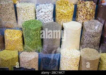 Bean, corn and grain at local market in Miraflores, Lima, Peru. South America. Stock Photo