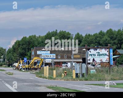 Driggs, Idaho-August 2018: Row of establishments including a pet center, tire shop and rental along the road in Diggs. Stock Photo
