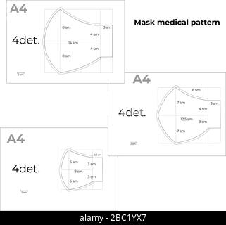 Reusable medical mask template against influenza viruses. Instructions for printing A4 format. DIY sewing pattern. The size is large, medium and child Stock Vector