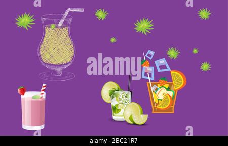 Collection of different types of juice on abstract background Stock Vector