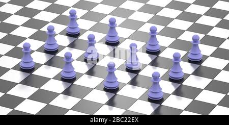 Social distancing concept. Chess pawns in a dinstance on a chessboard. Keep distance to protect Covid19 coronavirus outbreak spread, 3d illustration Stock Photo