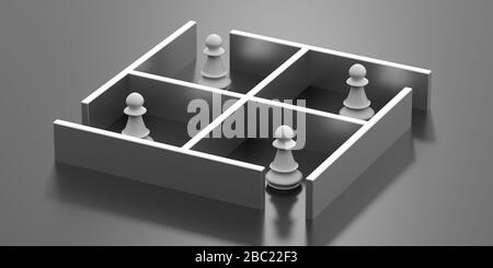 Social distancing concept. White chess pawns in isolation quarantine. Keep distance to protect Covid19 coronavirus outbreak spread, 3d illustration Stock Photo