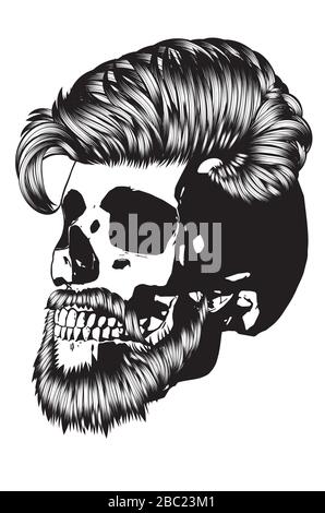 Bearded skull with hipster hairstyle for men in black and white design. Stock Vector