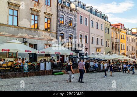 Restaurants and bars on Grodzka, in the historical centre of the city of Lublin, Poland. June 2017. Stock Photo