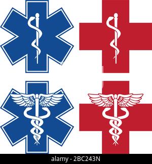 EMT, Nurse, Doctor Caduceus Medical Services Red and Blue Cross Symbols Isolated Vector Illustration Stock Vector