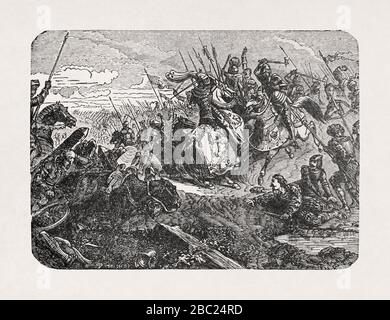 Old illustration by 'Trichon' about Francis I of France at the battle of Marignan printed in the late 19th century. Stock Photo