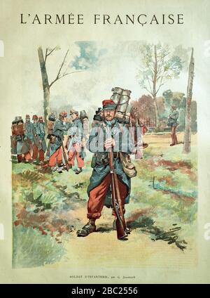 Illustration of a French foot soldier by Pierre Georges Jeanniot published on July 14, 1884 in the monthly magazine 'Paris illustré'. Stock Photo