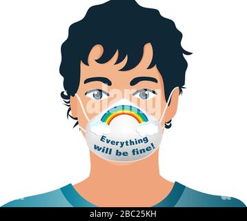 Portrait isolated man protecting herself with medical mask with written slogan social campaign - Everything will be fine - Coronavirus concept Stock Vector