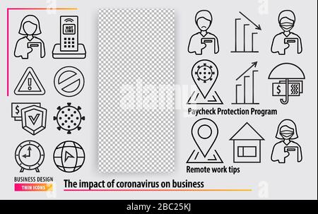 Line black icons. Business support during the coronavirus epidemic. Remote work tips. Paycheck protection program Stock Vector