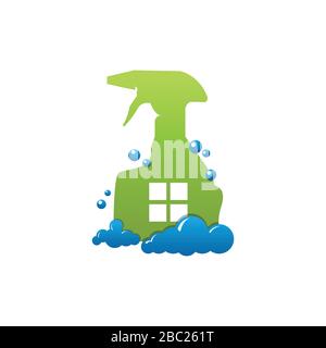 Cleaning service vector logo emblem or icon design template. Home with soap foam and spray cleaning. Clean house isolated illustration. Stock Vector