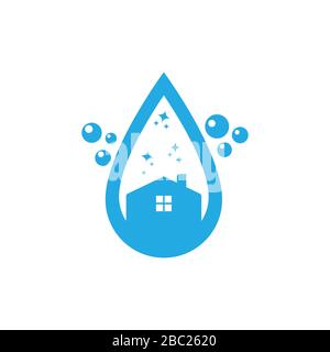 Cleaning service vector logo emblem or icon design template. Home with soap foam and water drop. Clean house isolated illustration Stock Vector