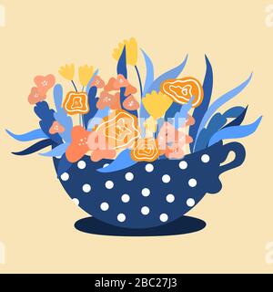 Vector Tea Cup with Spring Flowers. Creative fresh hand painted  sketch floral card in blue and orange colors. Flat style illustration Stock Vector
