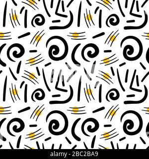 Abstract seamless pattern with spirals, circles, scratches and lines on white background. Vector illustration. Stock Vector