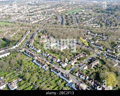 Aerial view of Hampstead Garden Suburb and typical house cottage, an elevated suburb of London. Stock Photo