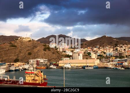 View of Santo Antao island from Mindelo on the Sao Vicente island in Cape Verde - Republic of Cabo Verde Stock Photo